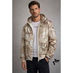 Moncler Menchib Metallic Camo Hooded Jacket Sand Cream Lightweight Zip Coat
